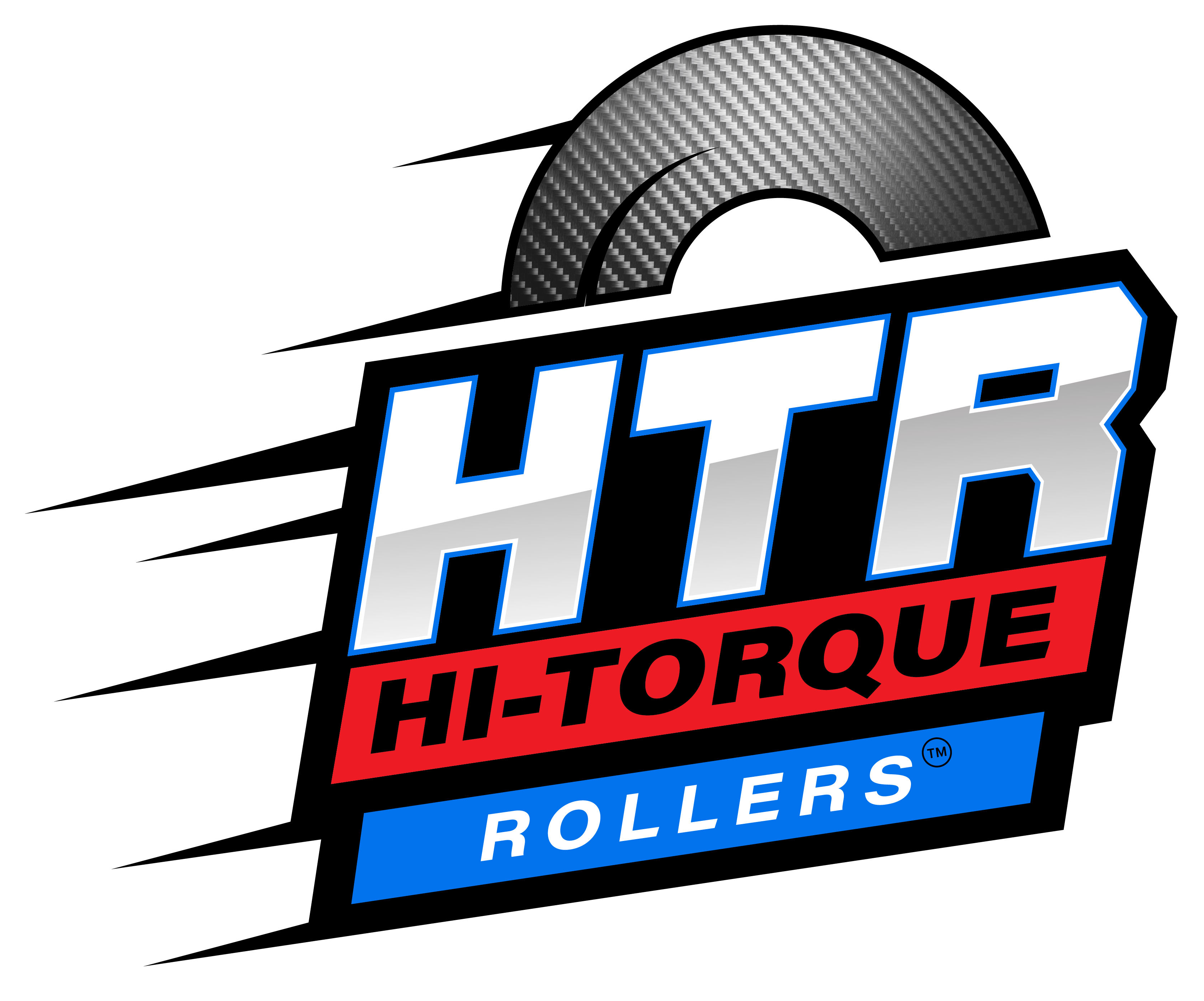 Hi-Torque Rollers Logo - A representation of the black, white, blue & red logo for Hi-Torque Rollers featuring half of a secondary clutch roller at the top